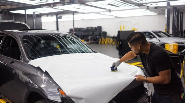 Man applying vinyl wrap on car hood in an automotive workshop setting. - Photo by Auto Records on Pexels