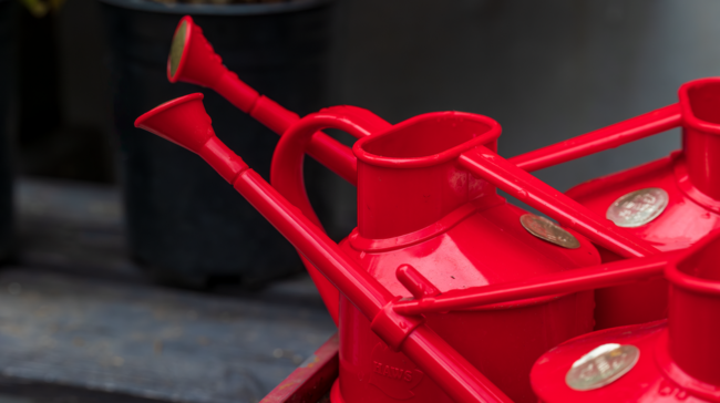 Close-up of several red watering cans in a garden shed, perfect for gardening tasks. - Photo by David Brown on Pexels